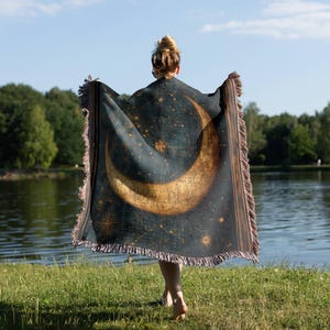 Hemelse Maan Geweven Deken | Vintage Halve Maan Deken | Boho Ruimte Wandtapijt Deken | Astrologie Cadeau | Kosmische Woondecoratie