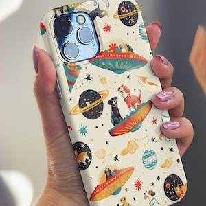 Vintage Dog UFO Chase Phone Case, 21 Designs, Personalized Name Option, MagSafe for iPhone 15/14/13/12/11 Pro Max