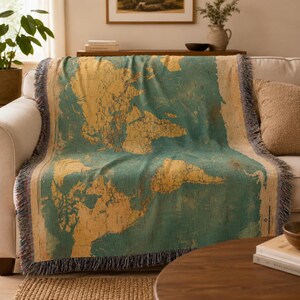 Vintage World Map Woven Blanket, 100% Cotton Throw, Traveler Gift, Library Decor