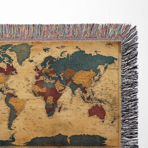 Rustikale Vintage-Kartendecke, gewebte Weltkarte, Boho-Wandteppich in Erdtönen, Geographie-Geschenk, Retro-Reisedekor für Entdecker