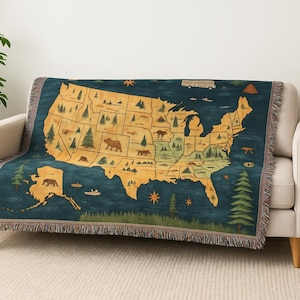 USA Map Woven Blanket, National Parks Throw, Camping & RV Decor, Adventure Nursery Wall Tapestry, Cozy Travel Gift, Vintage Map Couch Throw