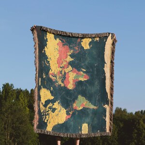 Decke mit politischer Landkarte, Vintage Gewebter Weltüberwurf in kräftigen Farben, Geschenk für Geografielehrer, Reisedekor, Pädagogischer Boho-Wandteppich