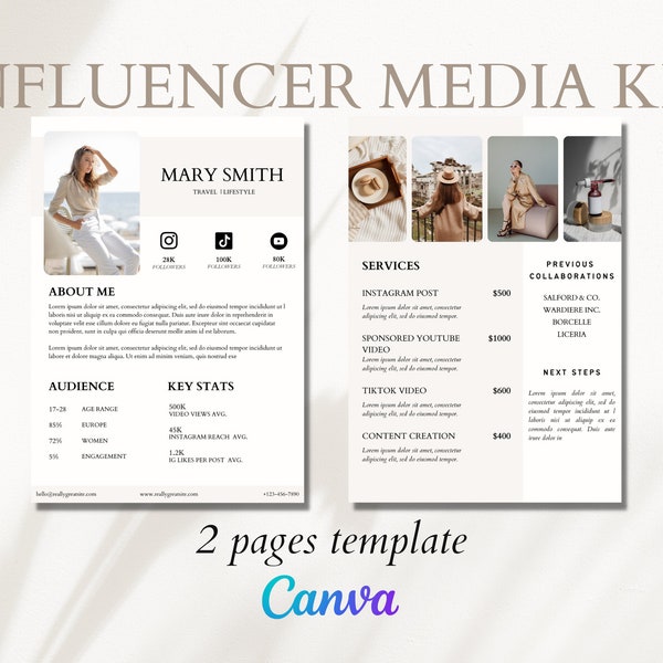 2 Page Influencer Media Kit | Instagram Media Kit | Tiktok YouTube Facebook Blogger | Media Kit Brand Deals | Influencer Rate Sheet Template