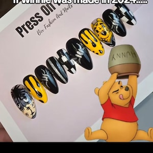 Winnie the pooh press on nails , whinnie the pooh, custom nails, square nails, almond nails, stiletto nails, hand painted nails