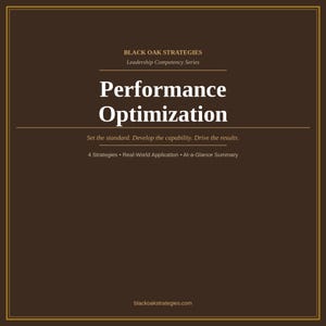 Può includere: Un grafico quadrato marrone scuro con bordi dorati che presenta il testo Black Oak Strategies, Leadership Competency Series, Performance Optimization, Set the standard. Develop the capability. Drive the results. 4 Strategies, Real-World Application, At-a-Glance Summary e blackoakstrategies.com.