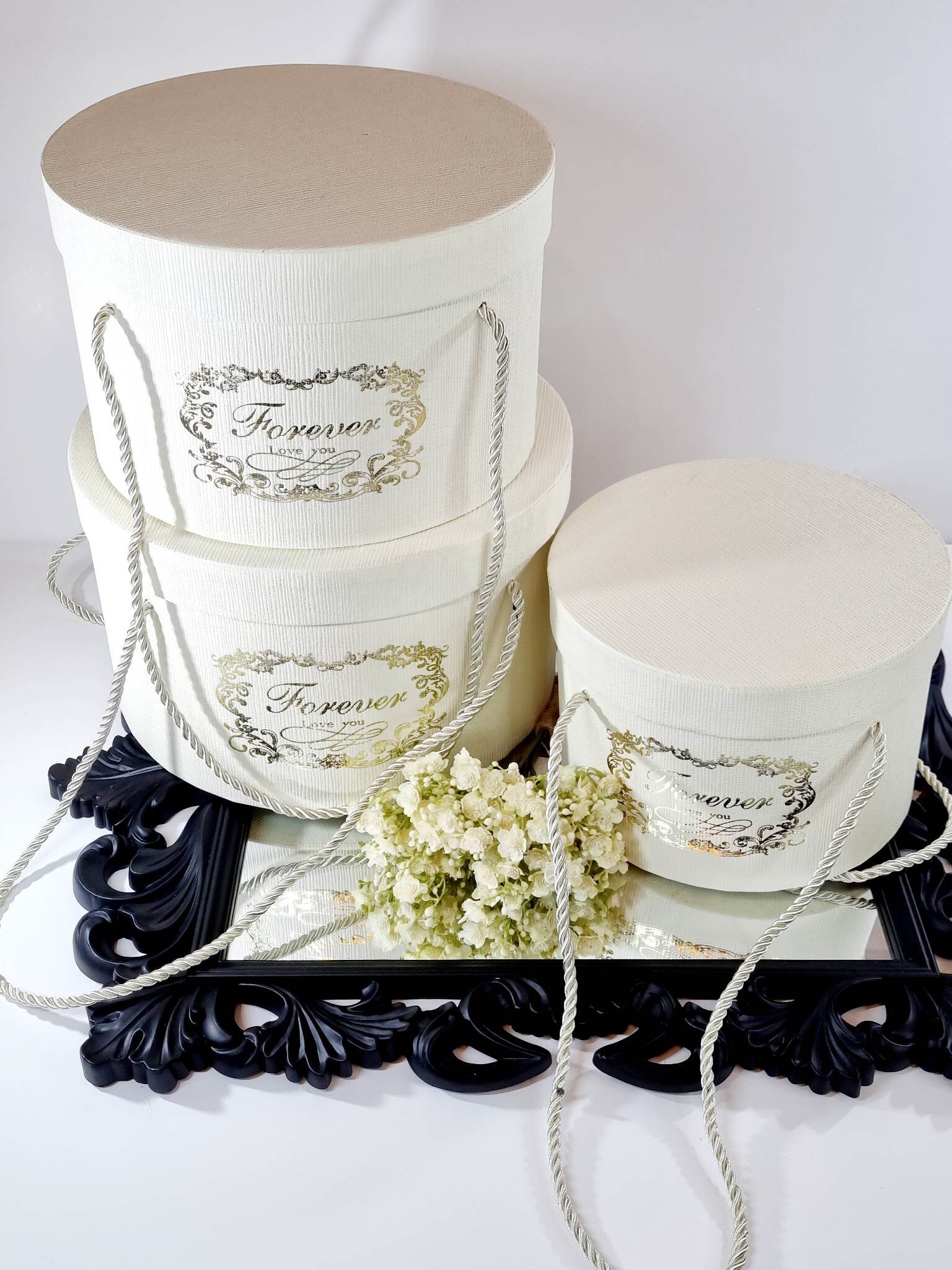 Round Hat Flower Boxes With Lids and Rope Handles Textured Forever Love