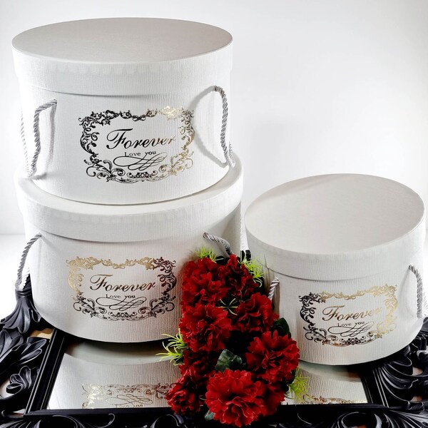 Round Hat Flower Boxes with Lids and Rope Handles Textured Forever Love You Hat Box