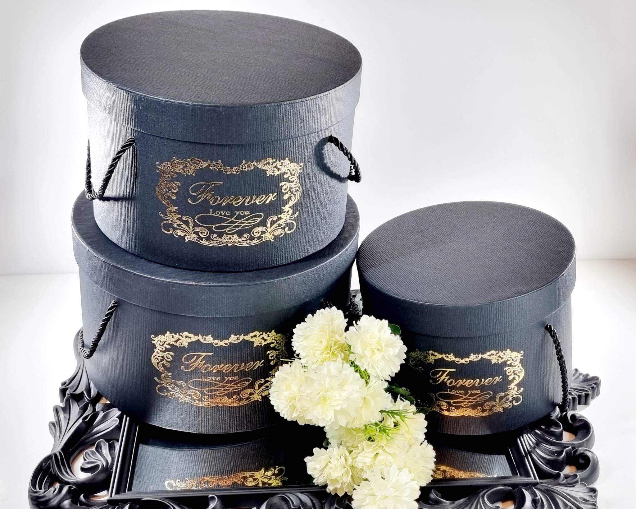 Round Hat Flower Boxes With Lids and Rope Handles Textured Forever Love