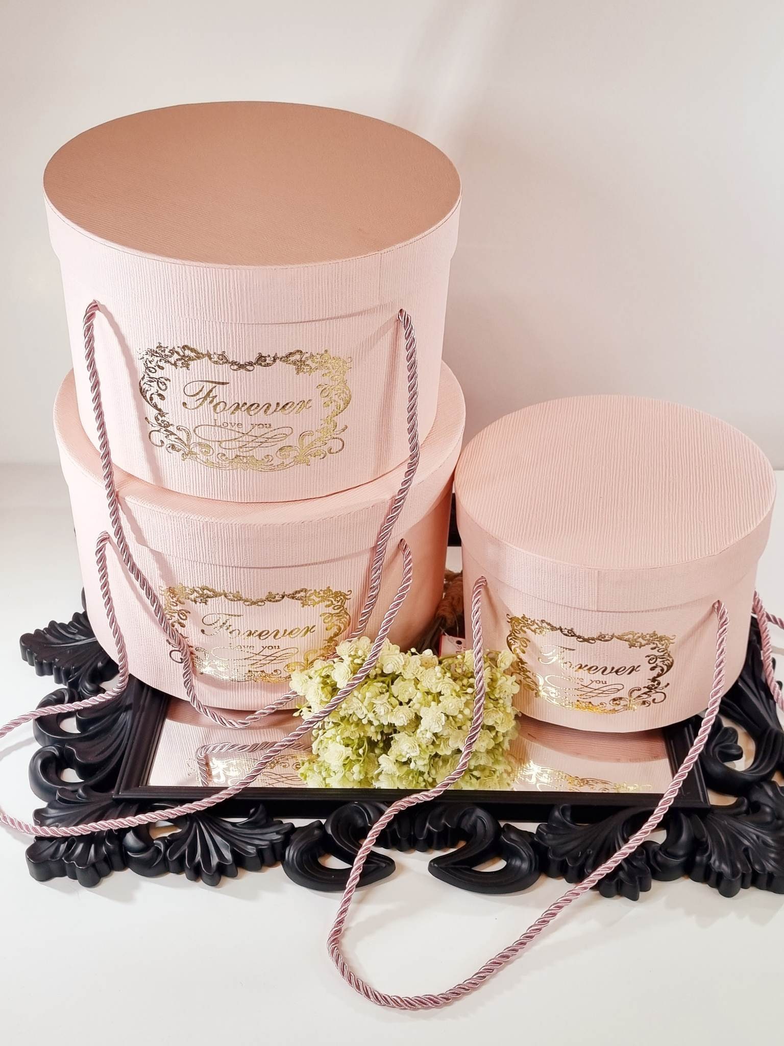 Round Hat Flower Boxes With Lids and Rope Handles Textured Forever Love