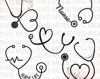 May include: Four black and white line art designs of a stethoscope with a heart. One design includes the text "Nurse Life".
