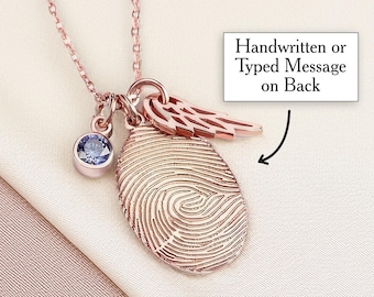 Memorial Necklace Angel Wing Birthstone Fingerprint Necklace Handwriting Necklace Thumbprint Necklace Sympathy Gift Keepsake Necklace