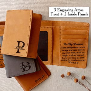 Cartera de cuero personalizada para hombre, con grabado de cuero y escritura a mano, ideal como regalo de aniversario, graduación, para novio, esposo, padre o papá.