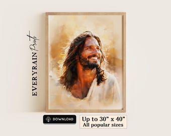 Smiling Jesus Printable Wall Art Jesus Portrait Laughing Christ Christian Wall Art Joyful Jesus Print Christian Home Decor LDS Catholic Art