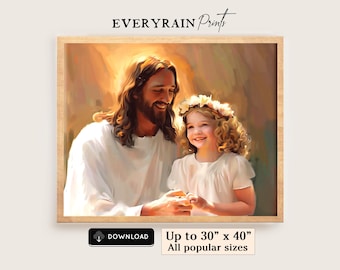 May include: A framed print featuring a painting of a man and a young girl. The man, with long brown hair and a beard, smiles at the girl, who wears a floral crown. The image is set against a warm, golden background. Text reads "EVERYRAIN Prints".