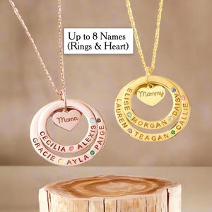 Personalized Birthstone Necklace for Mom with Kids Names Family Necklace with Childrens Names Jewelry for Mom Russian Ring Name Necklace