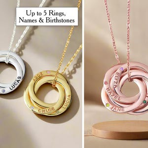 Personalized Birthstone Necklace for Mom with Kids Names Family Necklace with Childrens Names Jewelry for Mom Russian Ring Name Necklace