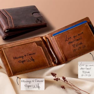 Herren Brieftasche mit Geld-Clip Gravierte Leder Handschrift Brieftasche Benutzerdefinierte Geschenk für Jubiläum Graduierung Freund Him Mann Vater Papa