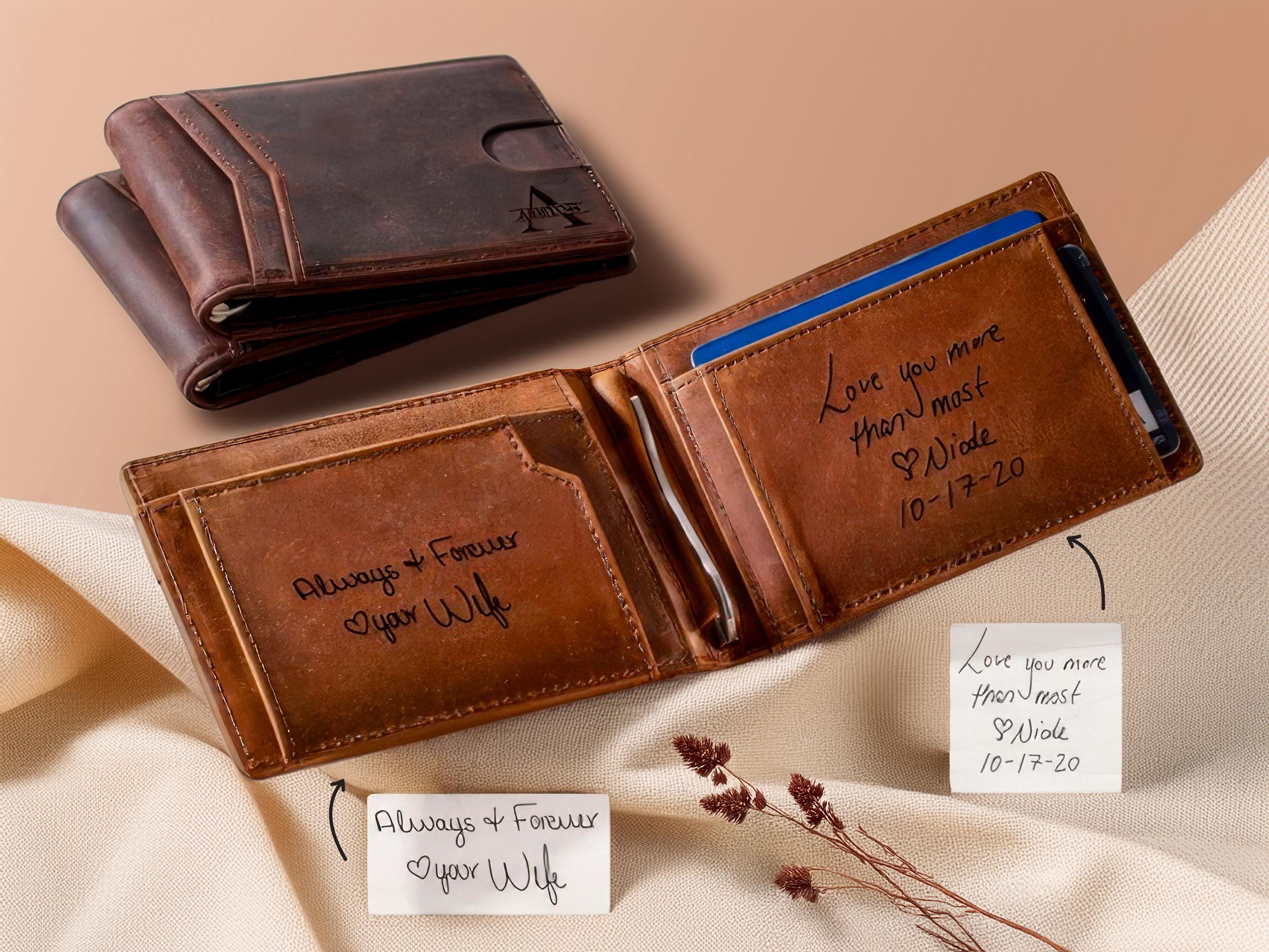 Mens Wallet With Money Clip Engraved Leather Handwriting Wallet Custom Gift for Anniversary Graduation Boyfriend Him Husband Father Dad