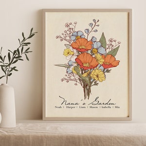 Birth Flower Bouquet Print |  Personalized Gift | Gift for Mom | Grandma&#39;s Garden | Month Flower Art | Gift for Christmas, Mother&#39;s Day