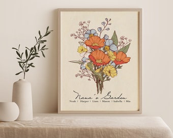 Birth Flower Bouquet Print |  Personalized Gift | Gift for Mom | Grandma's Garden | Month Flower Art | Gift for Christmas, Mother's Day