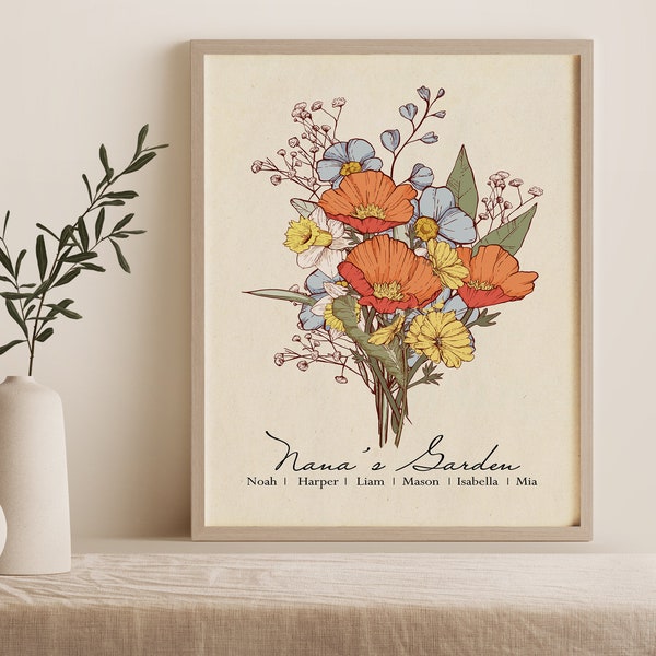 Birth Flower Bouquet Print |  Personalized Gift | Gift for Mom | Grandma's Garden | Month Flower Art | Gift for Christmas, Mother's Day