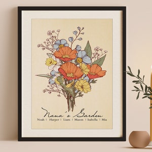 Birth Flower Bouquet Print |  Family Bouquet | Gift for Mom Grandma Garden | Month Flower Art | Gift for Christmas, Mother&#39;s Day