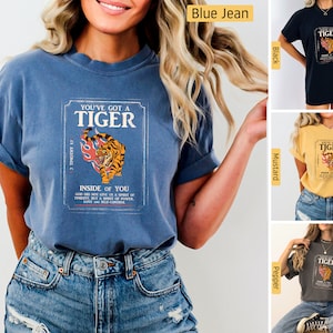Comfort Colors - Christian Shirts, Power Love Sound Mind, Be Strong and Courageous, 2 Timothy 1:7, Tiger Christian Tshirts Bible Jesus Shirt