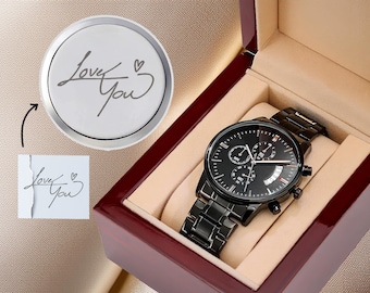 Handwriting Gift for Men Engraved Watch for Him Anniversary Gift for Husband Personalized Mens Watch Wedding Gift for Groom Engagement Gift