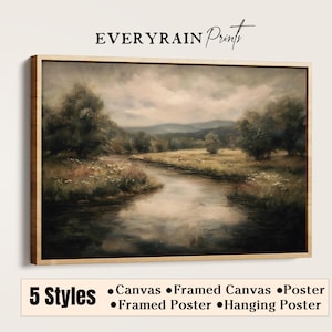 May include: A framed landscape print titled EVERYRAIN Prints featuring a river flowing through a grassy field with trees under a cloudy sky. Below the image, text lists 5 Styles: Canvas, Framed Canvas, Poster, Framed Poster, and Hanging Poster.