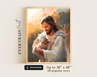 Jesus Holding Lamb Printable Good Shepherd with Lamb Digital Download Christian Wall Art Devotional Art LDS Catholic Home Decor LDS Art