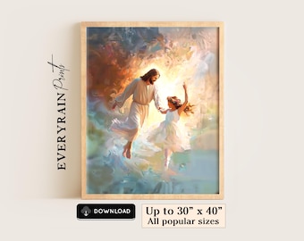 Jesus Dancing with Girl Printable Christian Wall Art Bible Story Art Joyful Jesus with Child Print LDS Catholic Nursery Christian Home Decor