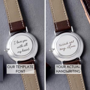 two pictures of a wrist watch with a quote on it