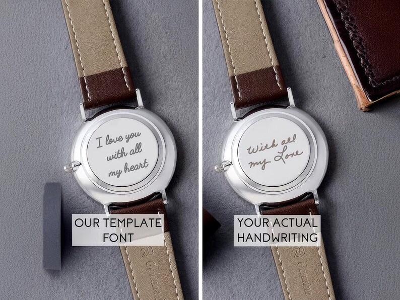 two pictures of a wrist watch with a quote on it