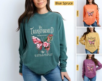 Comfort Colors - Christian Shirts, Be Transformed by God's Love, Romans 12:2 Butterfly, Longsleeve, Christian Tshirts, Bible Verse Gifts