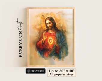 Sacred Heart of Jesus Watercolor Icon Printable Wall Art Catholic Wall Art Devotional Christian Printable Divine Mercy Prayer Room Decor