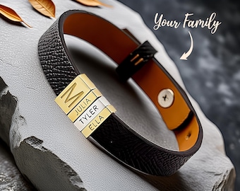 Pulsera de cuero para hombre, pulsera para papá con nombres de niños, regalo personalizado para papá, pulsera personalizada con nombre familiar, regalo para esposo, regalo para papá.