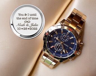 Regalo de aniversario para novio, reloj grabado para él, reloj personalizado para hombre, regalo de boda para novio, regalo de compromiso, reloj para parejas de prometidos.
