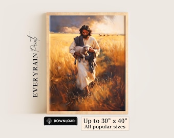 Good Shepherd Jesus with Lamb Print Printable Wall Art Christian Wall Art Wheat Field Farmhouse Christian Art LDS Catholic Home Decor