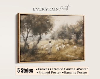 Good Shepherd Jesus and Sheep Wall Art Psalm 23 Art Canvas Print Christian Framed Wall Art Lord is My Shepherd Print Catholic Art LDS Art