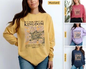 Comfort Colors - Christliche Hemden, Such zuerst sein Königreich Matthäus 6:33, Langarm, Christliche T-Shirts, Bibel-Vers-Hemd, Botanische Blumen