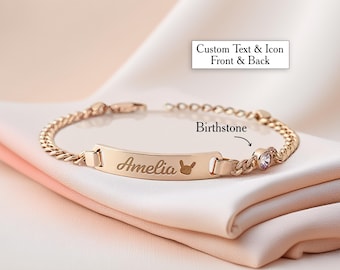 Baby Bracelet Girl Curb Chain Bracelet Baptism Bracelet for Kids Birthstone Bar Bracelet Custom Name Bracelet For Kids, Child ID Bracelet