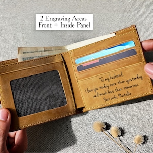 Cartera de cuero personalizada para hombre con escritura grabada a mano. Regalo para aniversario, graduación, novio, esposo, padre, papá.