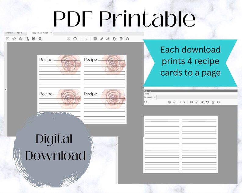 Printable Floral Recipe Cards - Instant Download - 4 Printable Recipe ...