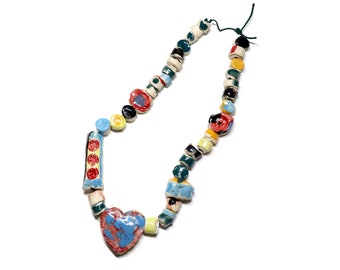 Heart Necklace - glazed ceramic beads necklace by Franko B with heart pendant, contemporary art / jewellery