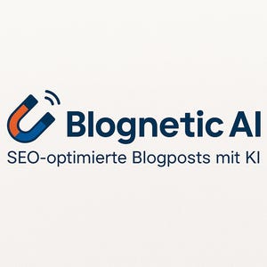 May include: The image shows a logo with a blue and orange horseshoe magnet icon, and the words "Blognetic AI" in dark blue. Below, the text "SEO-optimierte Blogposts mit KI" is displayed in a smaller font.