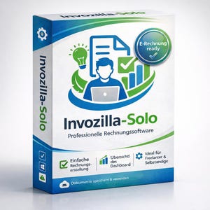 May include: A product box for Invozilla-Solo software, featuring a blue and white design. The box displays a graphic of a person using a laptop, with icons for invoicing and dashboard features. Text includes "E-Rechnung ready" and "Professionelle Rechnungssoftware."