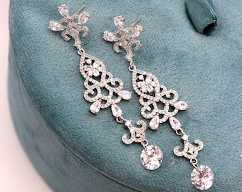 Diamond Royal earrings - Wedding earrings - Rodium plated - Dangle Earrings - Long Earrings - Evening Earrings