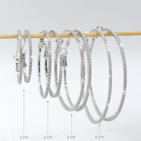 Silver Crystal Hoop Earrings - Medium white Hoops - Statement Earrings - Shiny Rhinestone Hoops - Sparkly Diamond Hoops - Cubic Zirconia