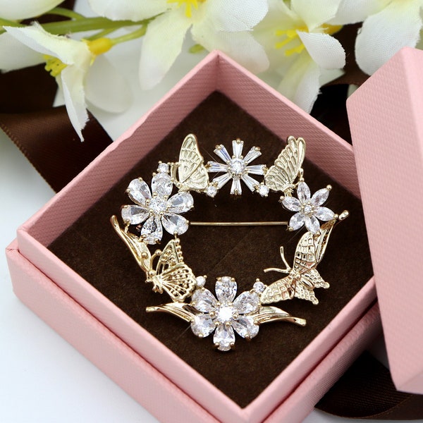 Flower Wreath with Butterflies Brooch - Delicate Gold Plated Brooch with Sparkling Cubic Zirconia Detail