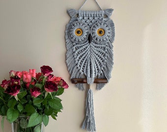 Gray Owl Macrame with brown eyes - Owl Makrame Wall Hanging - Handmade Home Decor